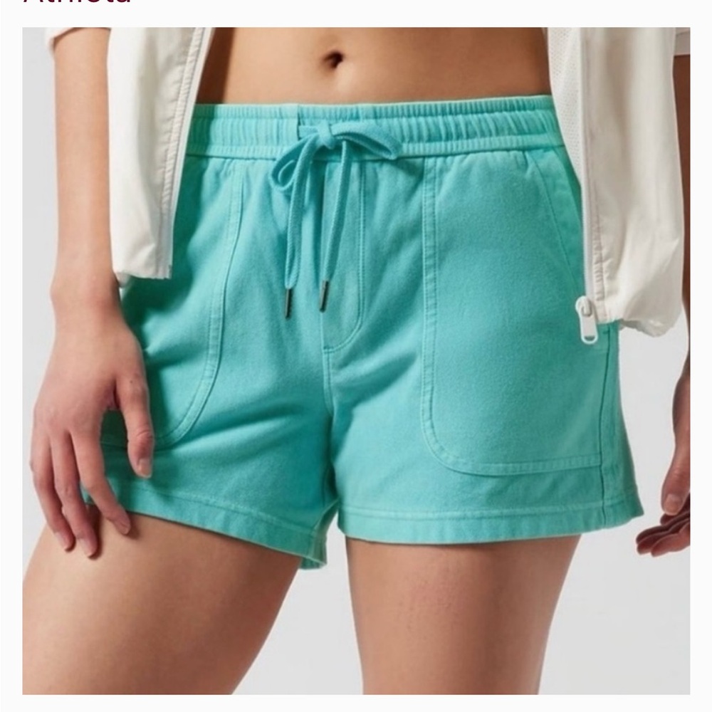 Athleta sz XS Farallon turquoise cinch tie waist 4" inseam Cotton stretch shorts